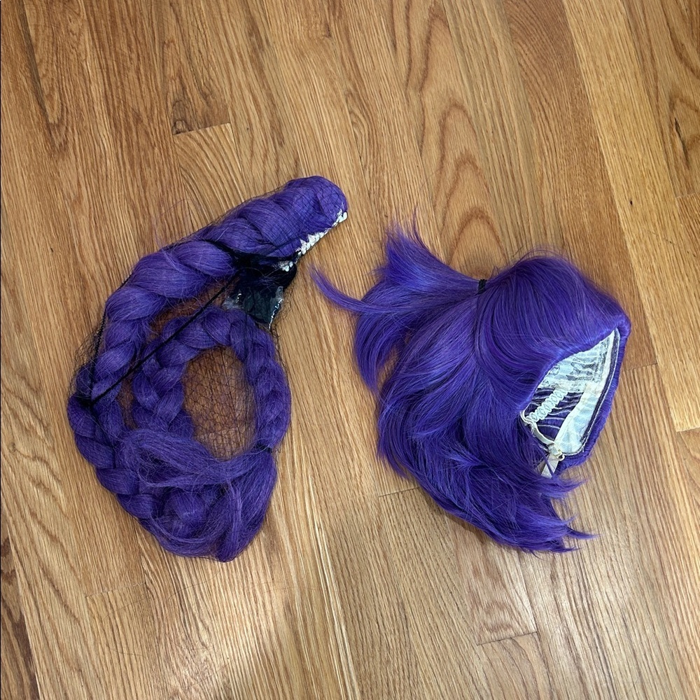 rumi k pop Deep Purple Hair 2 piece wig set with claw clip braid